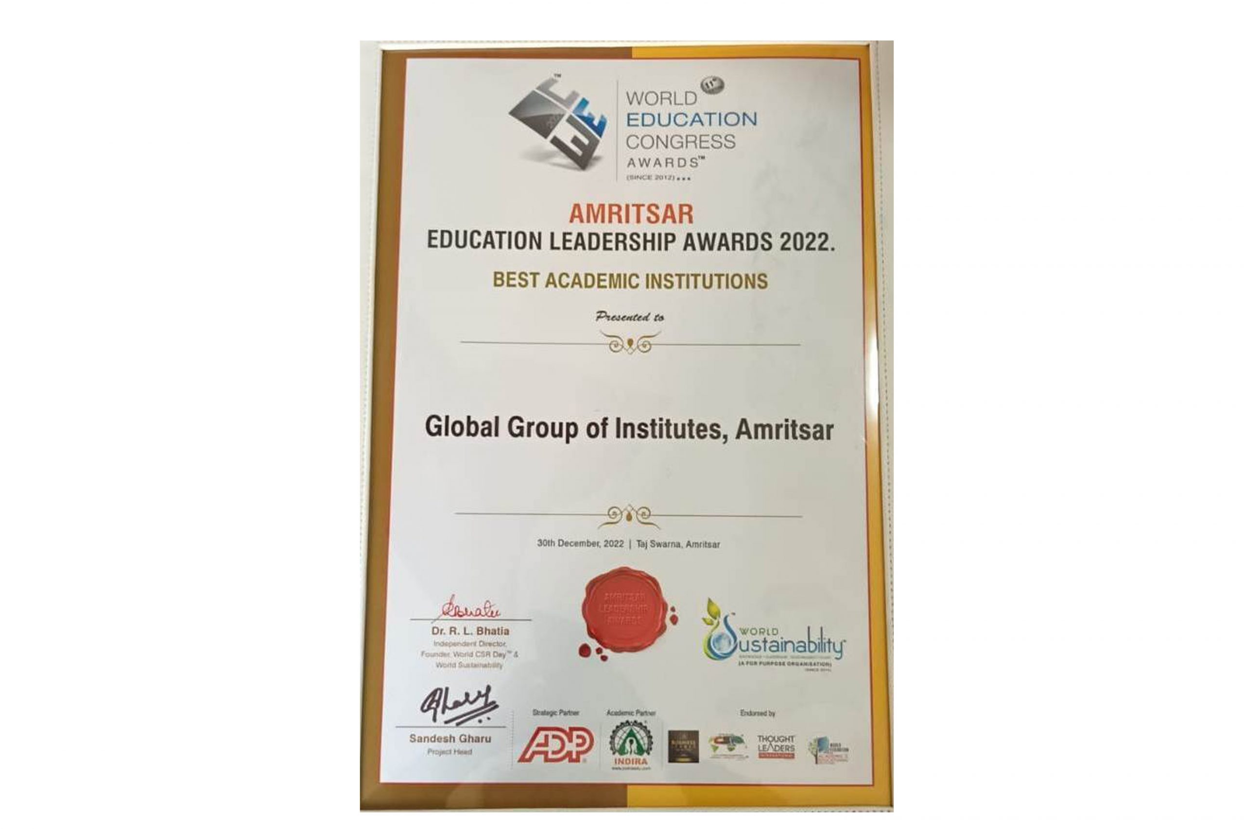 BEST ACADEMIC INSTITUTION AWARD BY WORLD EDUCATION CONGRESS